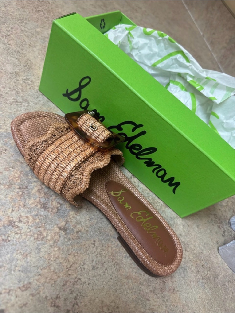 Sam Edelman Tan Woven Slide with Tortoiseshell Buckle